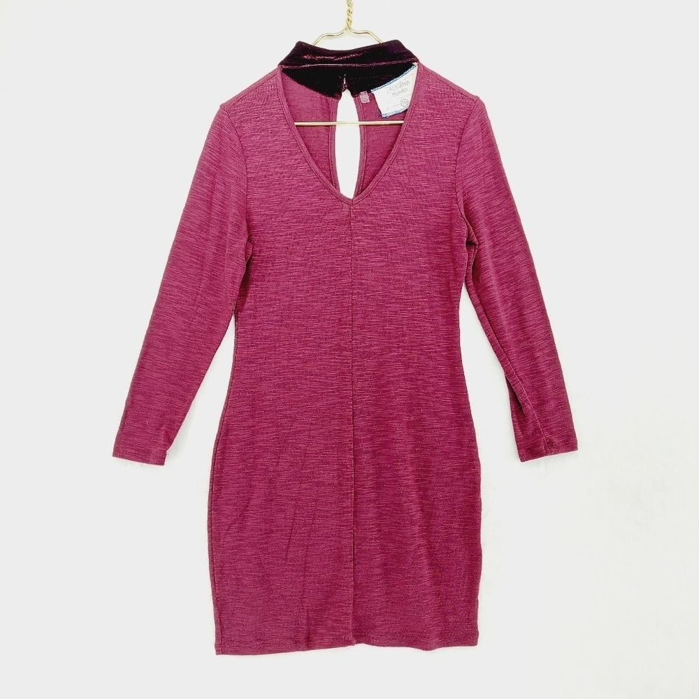 California Moonrise Burgundy Choker V Neck Bodycone Long Sleeve Mini Dress P4676